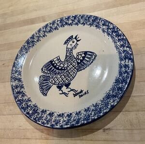 Vtg Rooster Blue Sponge Dinner Plate MARSHALL POTTERY Texas Signed 10.25" Rare